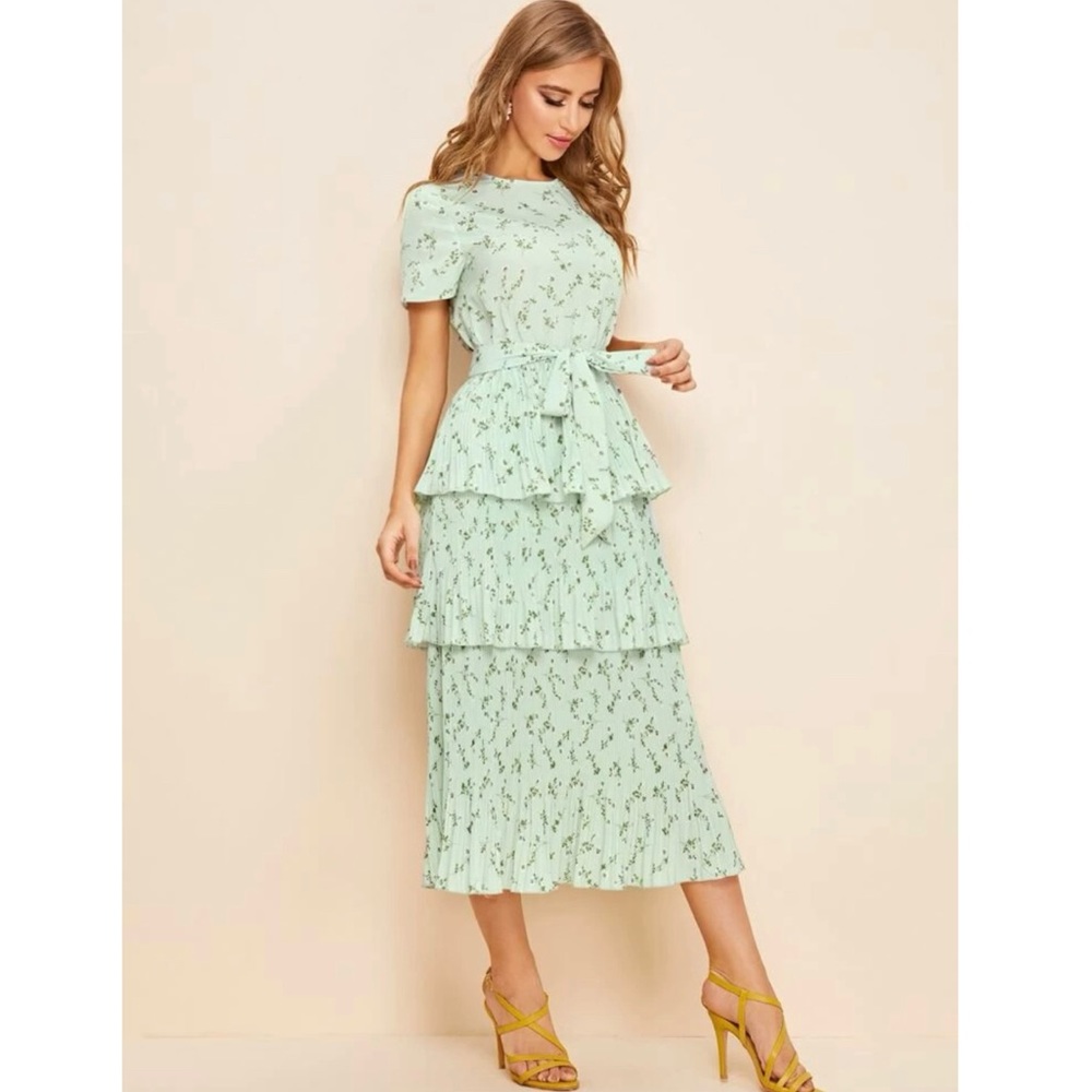 Belted Plisse Layered Ditsy Floral Dress!